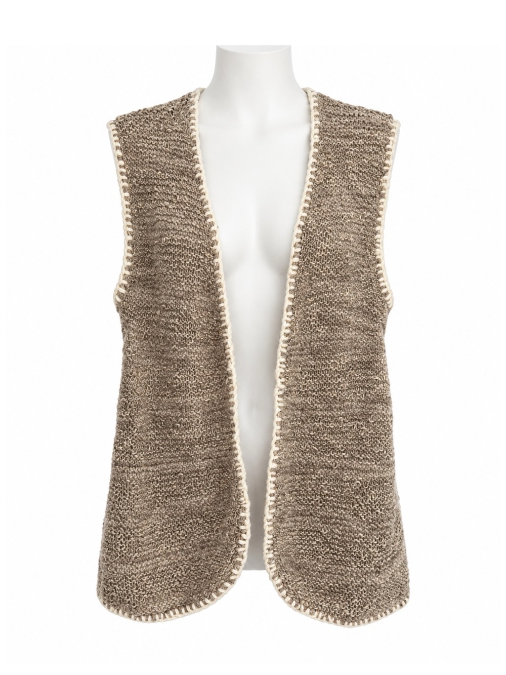 Size M/L Handmade Womenβs Taupe Open-Front Knit Vest Cream Stitching